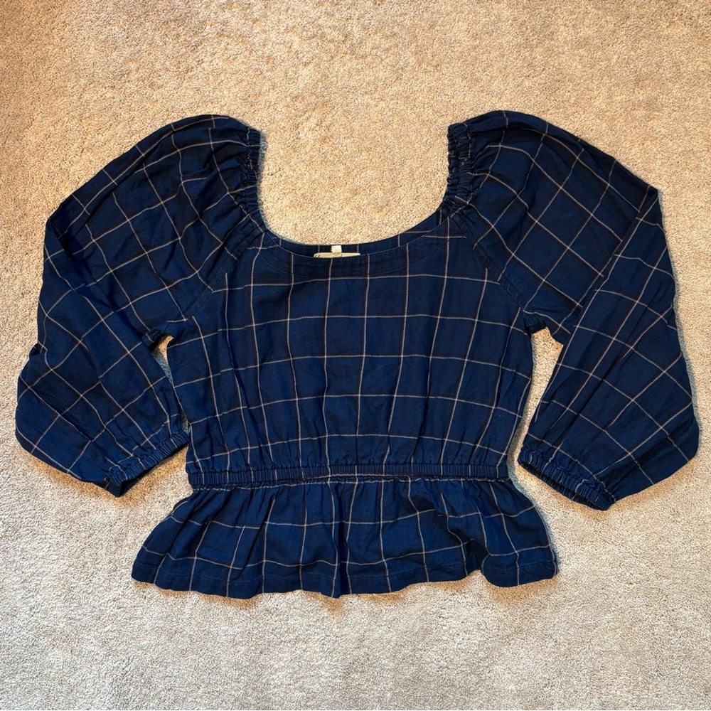 Madewell Navy Plaid Peplum Top Puff Sleeve Smocked Blouse Size L